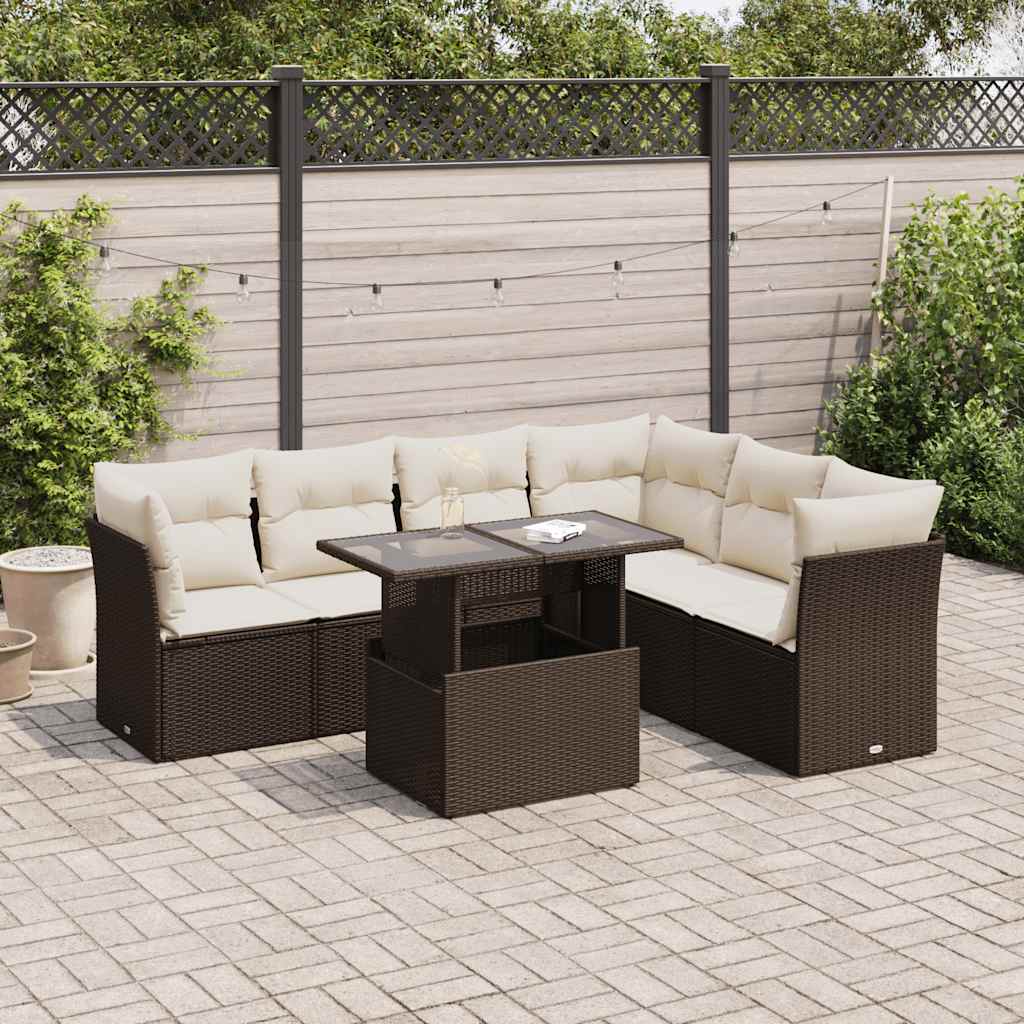 Set Divani da Giardino 7 pz con Cuscini Marrone in Polyrattan