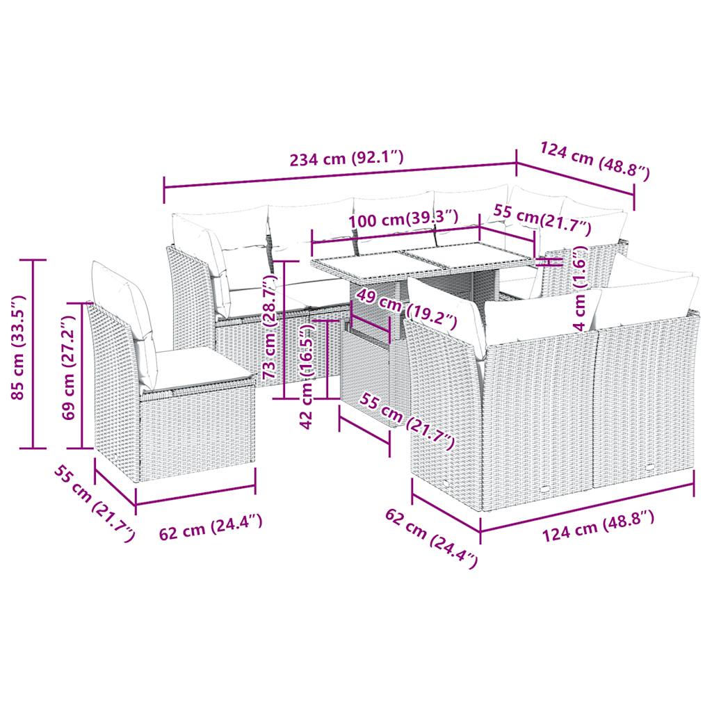 Set Divani da Giardino 9 pz con Cuscini Nero in Polyrattan