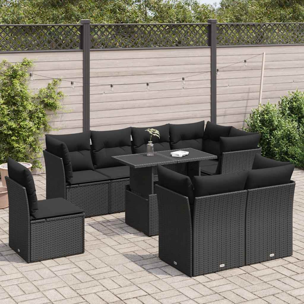 Set Divani da Giardino 9 pz con Cuscini Nero in Polyrattan