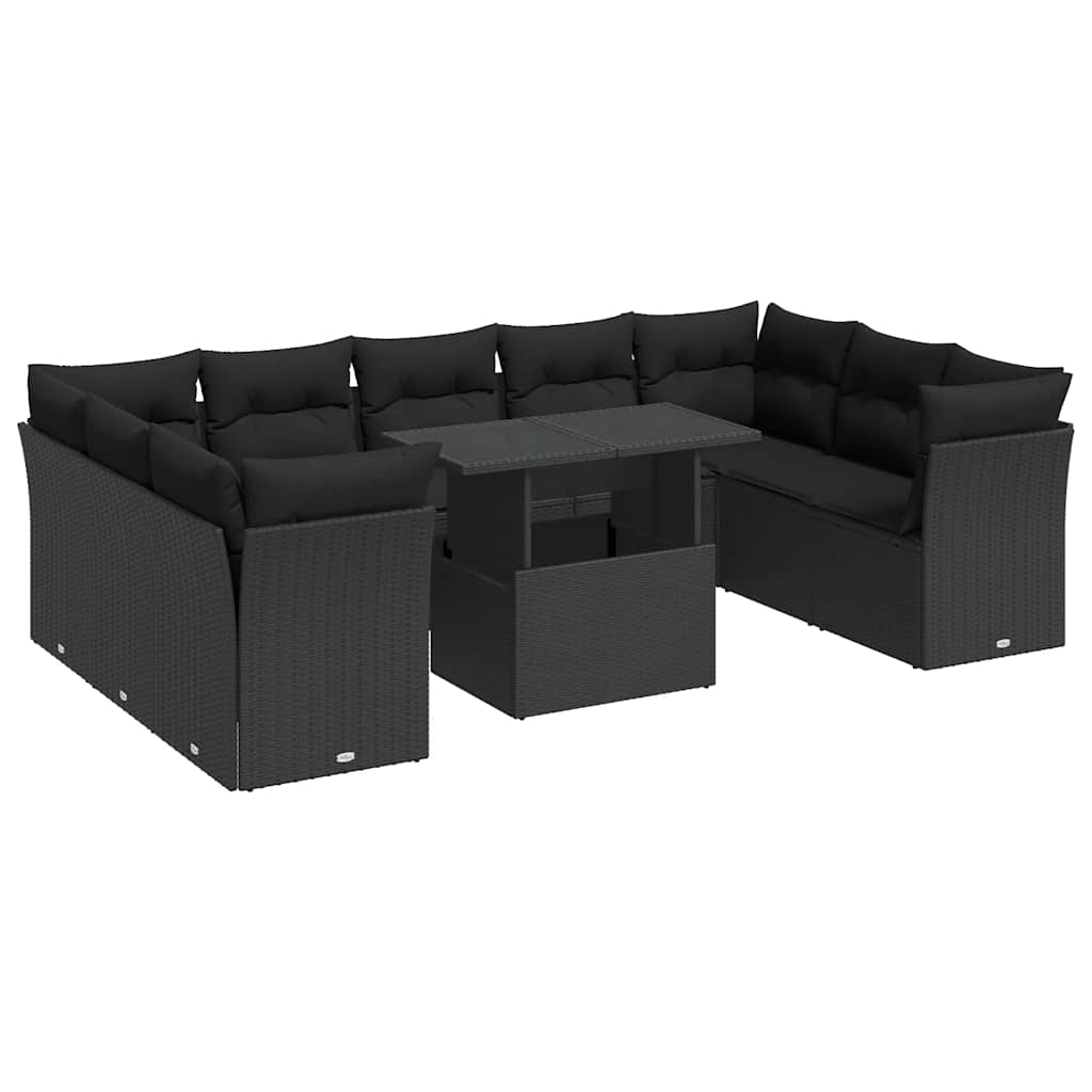 Set Divani da Giardino 10pz con Cuscini in Polyrattan Nero