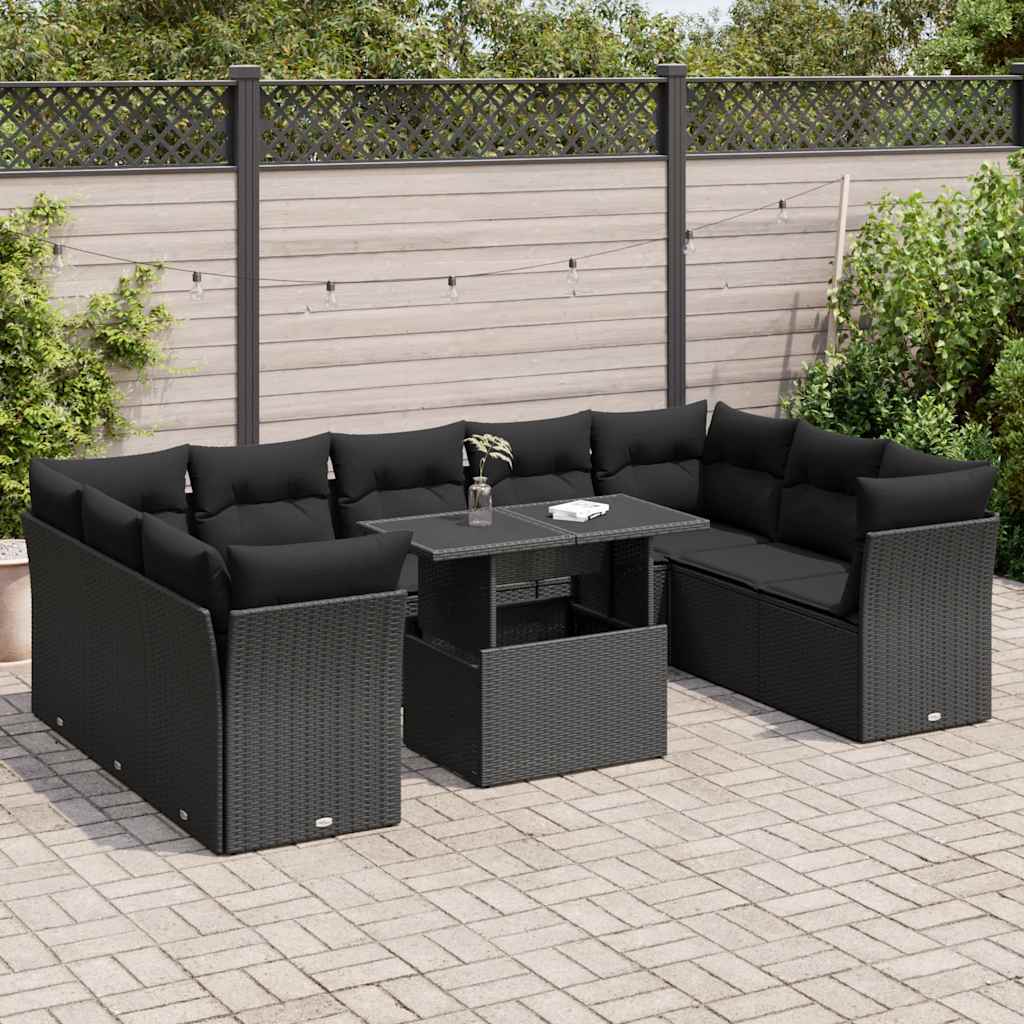 Set Divani da Giardino 10pz con Cuscini in Polyrattan Nero