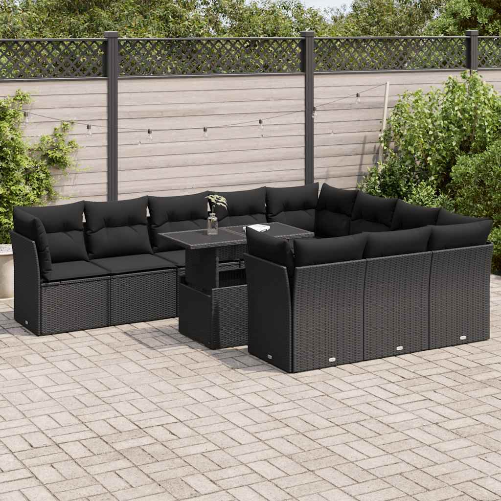 Set Divani da Giardino 11 pz con Cuscini in Polyrattan Nero