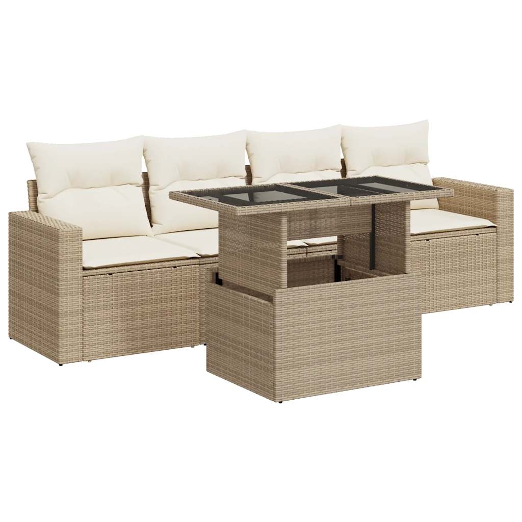 Set Divano da Giardino 5 pz con Cuscini Beige in Polyrattan