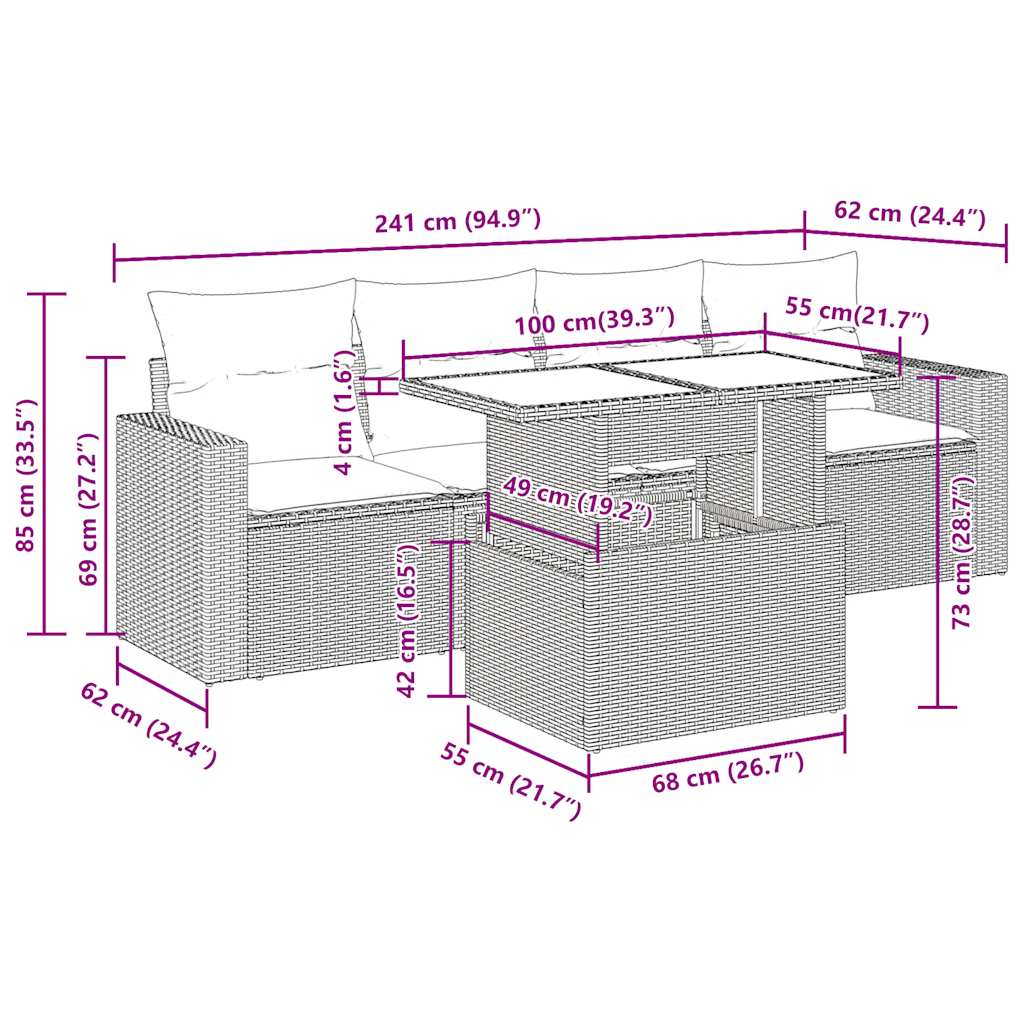 Set Divano da Giardino 5 pz con Cuscini Beige in Polyrattan