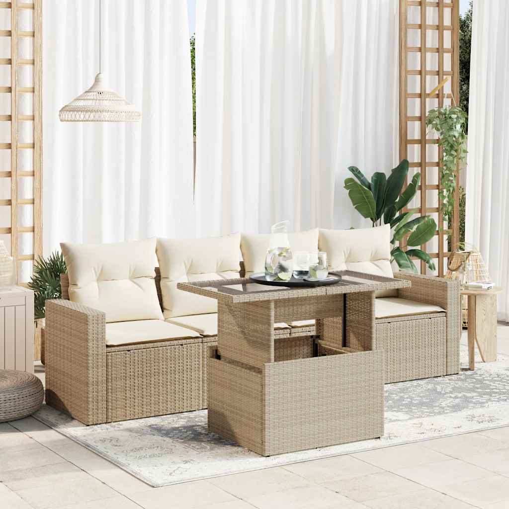 Set Divano da Giardino 5 pz con Cuscini Beige in Polyrattan