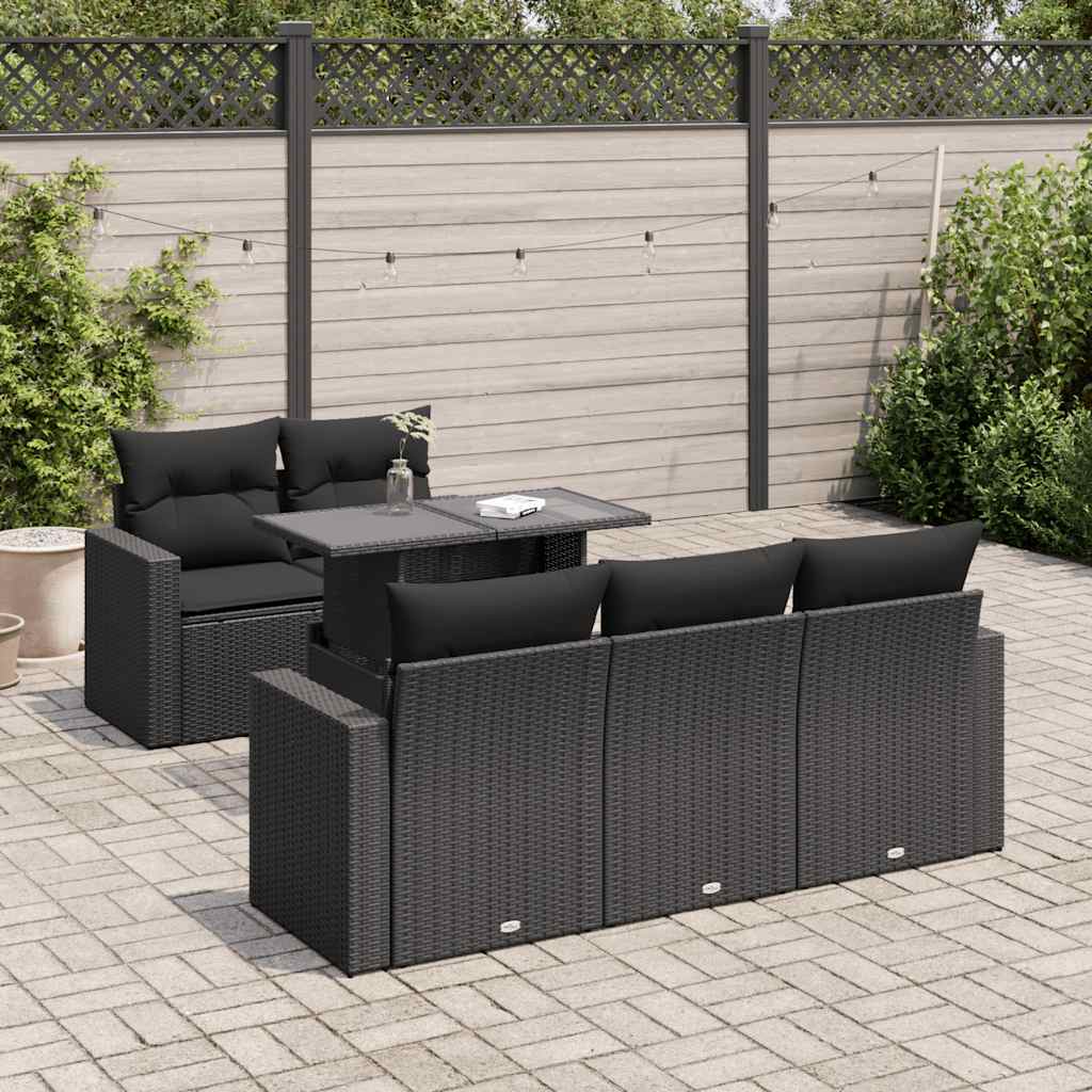 Set Divano da Giardino 6 pz con Cuscini Nero in Polyrattan