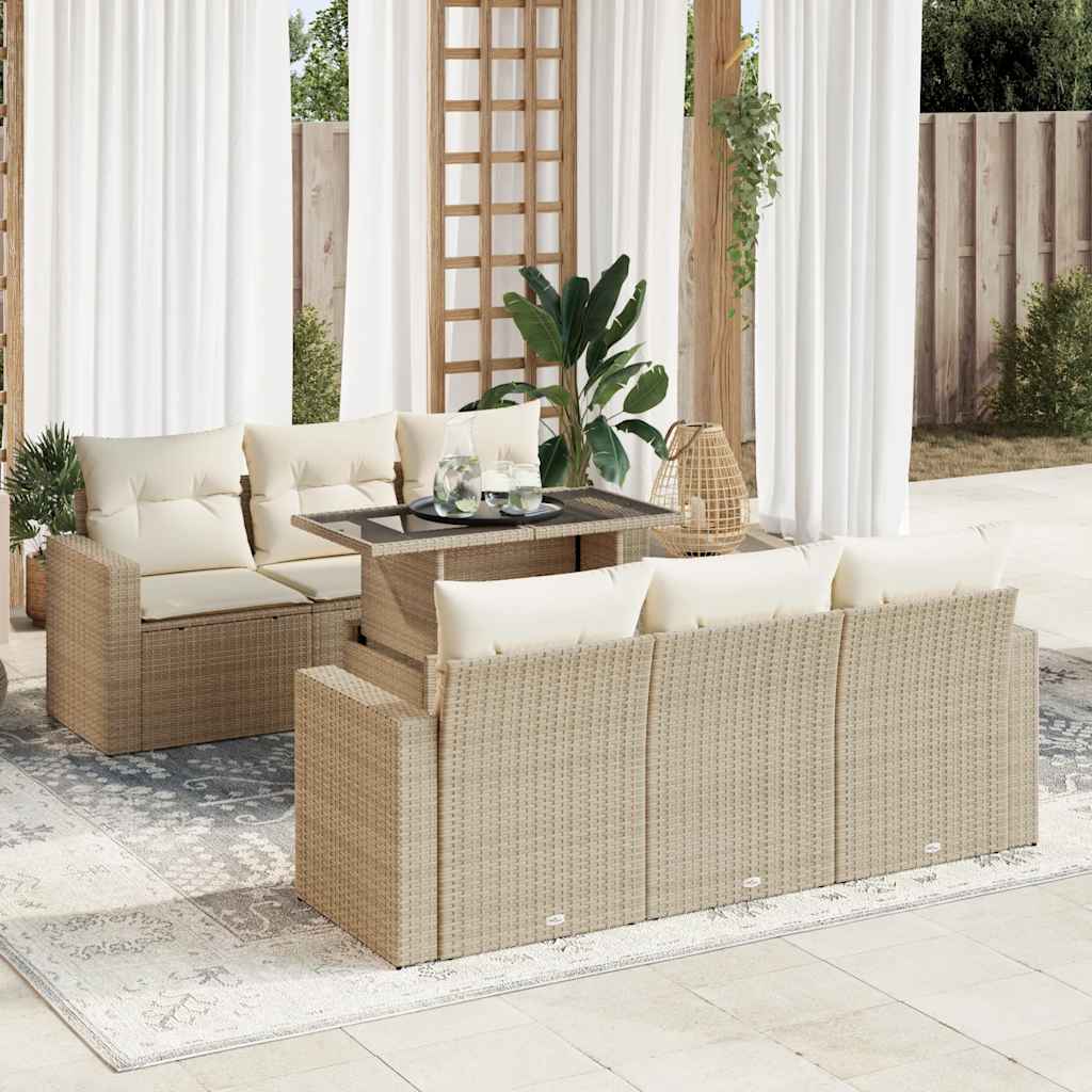 Set Divani da Giardino 7 pz con Cuscini Beige in Polyrattan