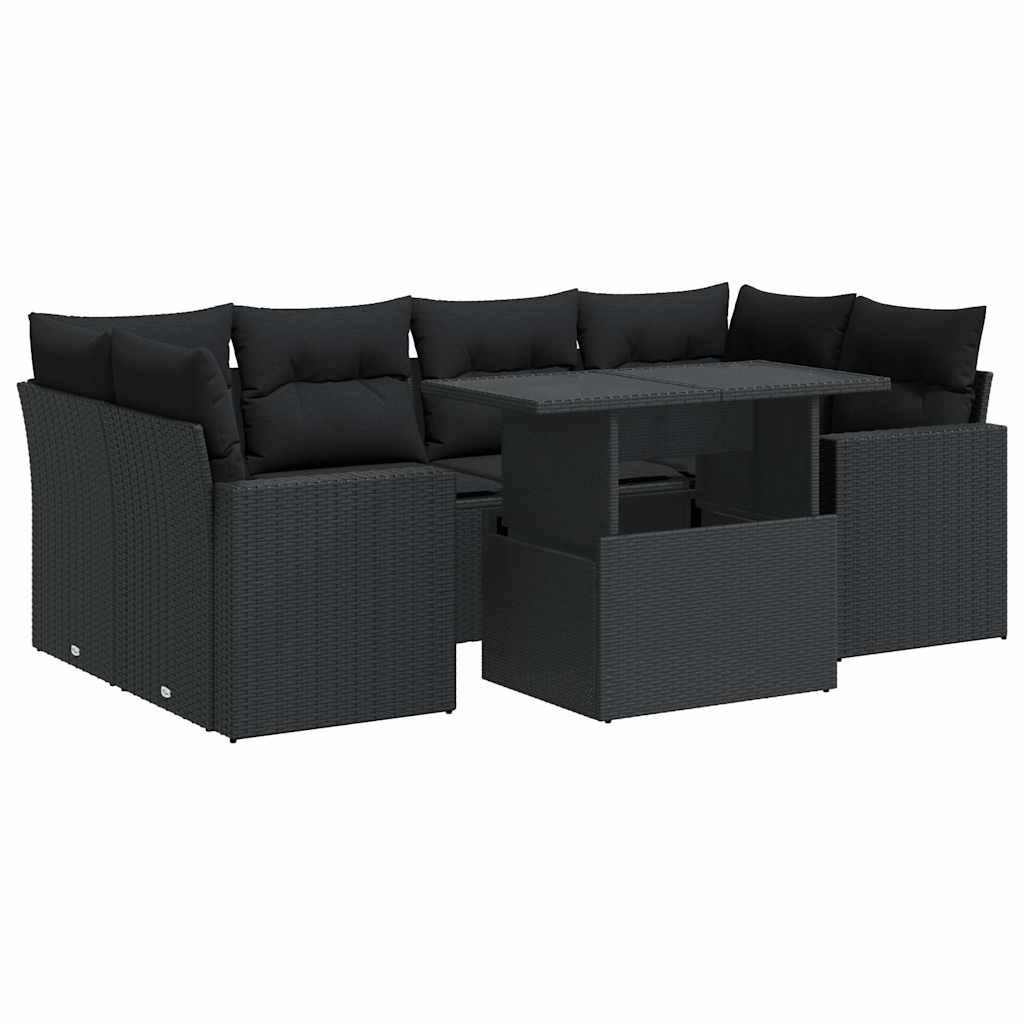 Set Divani da Giardino con Cuscini 7pz Nero Polyrattan