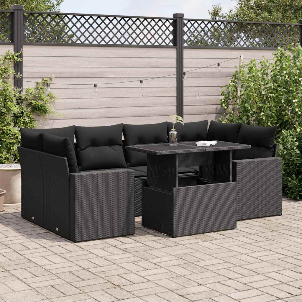 Set Divani da Giardino con Cuscini 7pz Nero Polyrattan