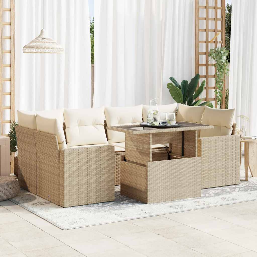 Set Divani da Giardino 7 pz con Cuscini Beige in Polyrattan