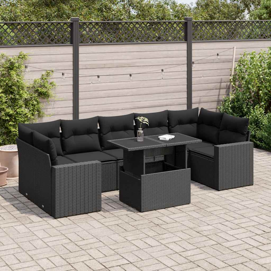 Set Divani da Giardino con Cuscini 8 pz Nero in Polyrattan