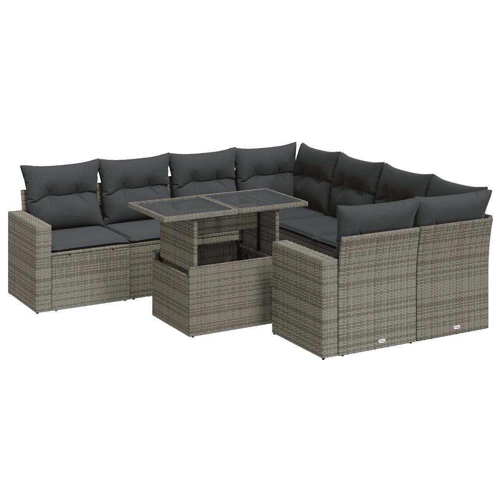 Set Divano da Giardino 9 pz con Cuscini Grigio in Polyrattan