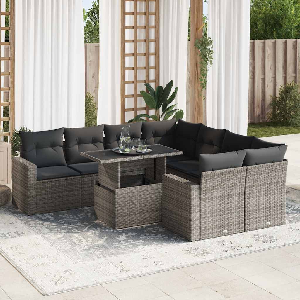 Set Divano da Giardino 9 pz con Cuscini Grigio in Polyrattan