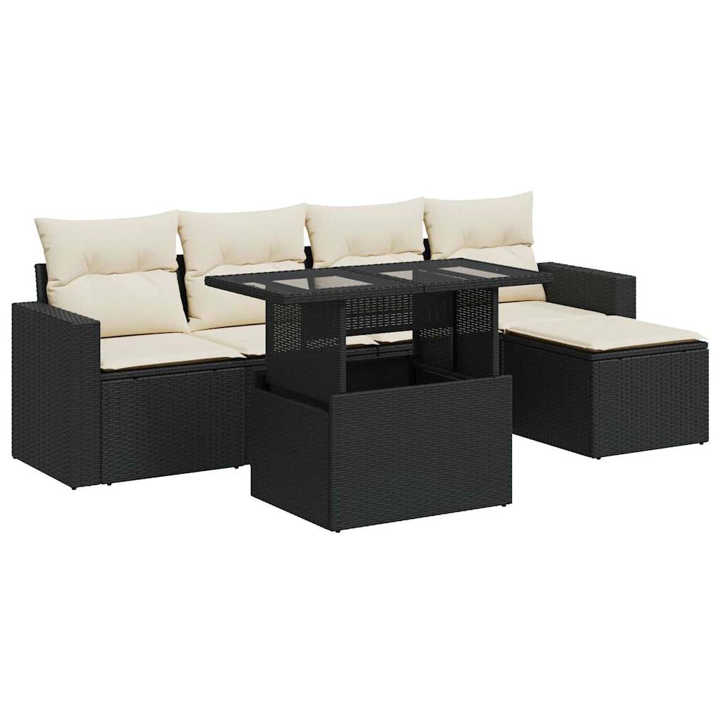 Set Divano da Giardino 6 pz con Cuscini Nero in Polyrattan