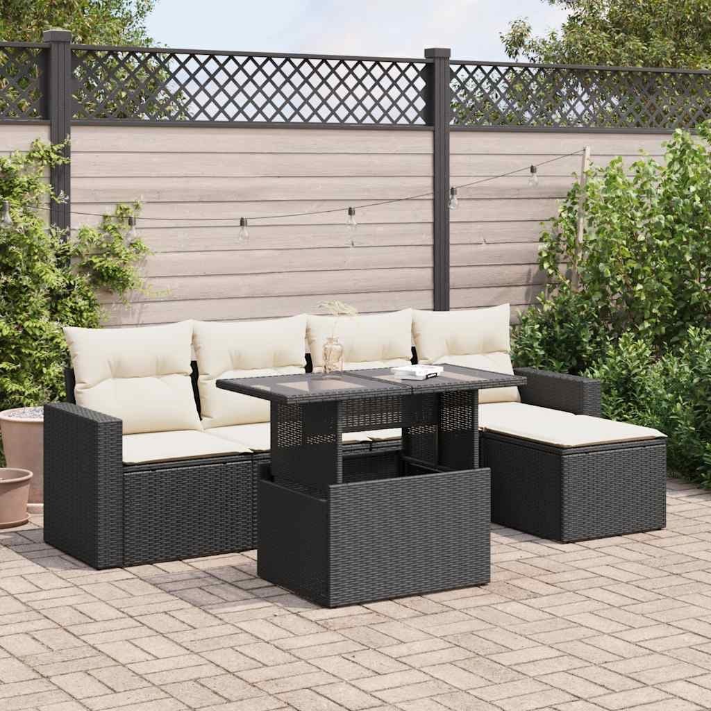 Set Divano da Giardino 6 pz con Cuscini Nero in Polyrattan