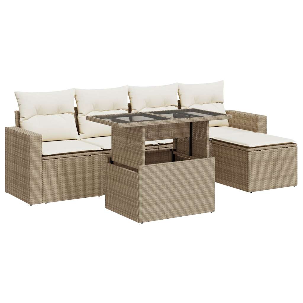 Set Divano da Giardino 6 pz con Cuscini Beige in Polyrattan