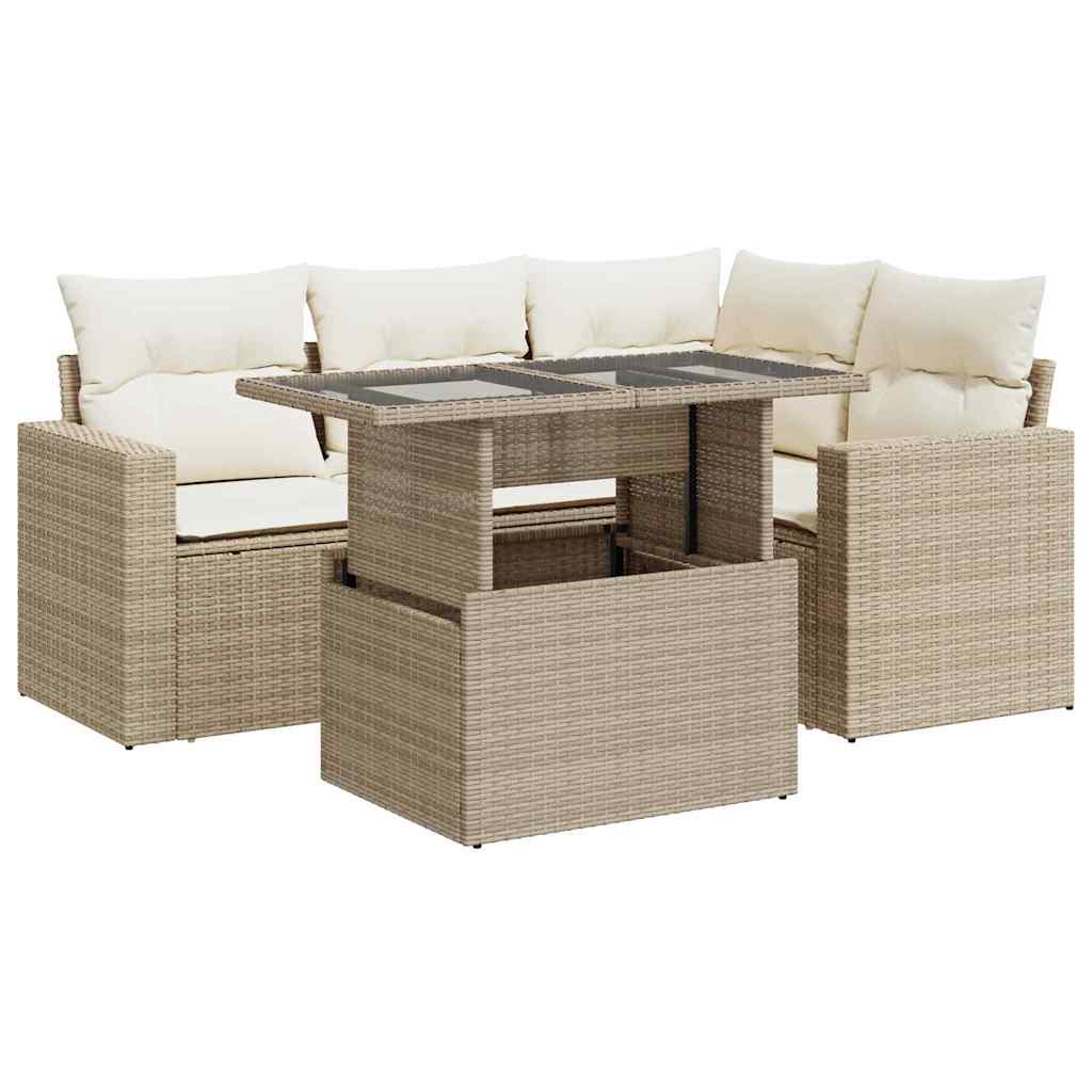 Set Divano da Giardino 5 pz con Cuscini Beige in Polyrattan