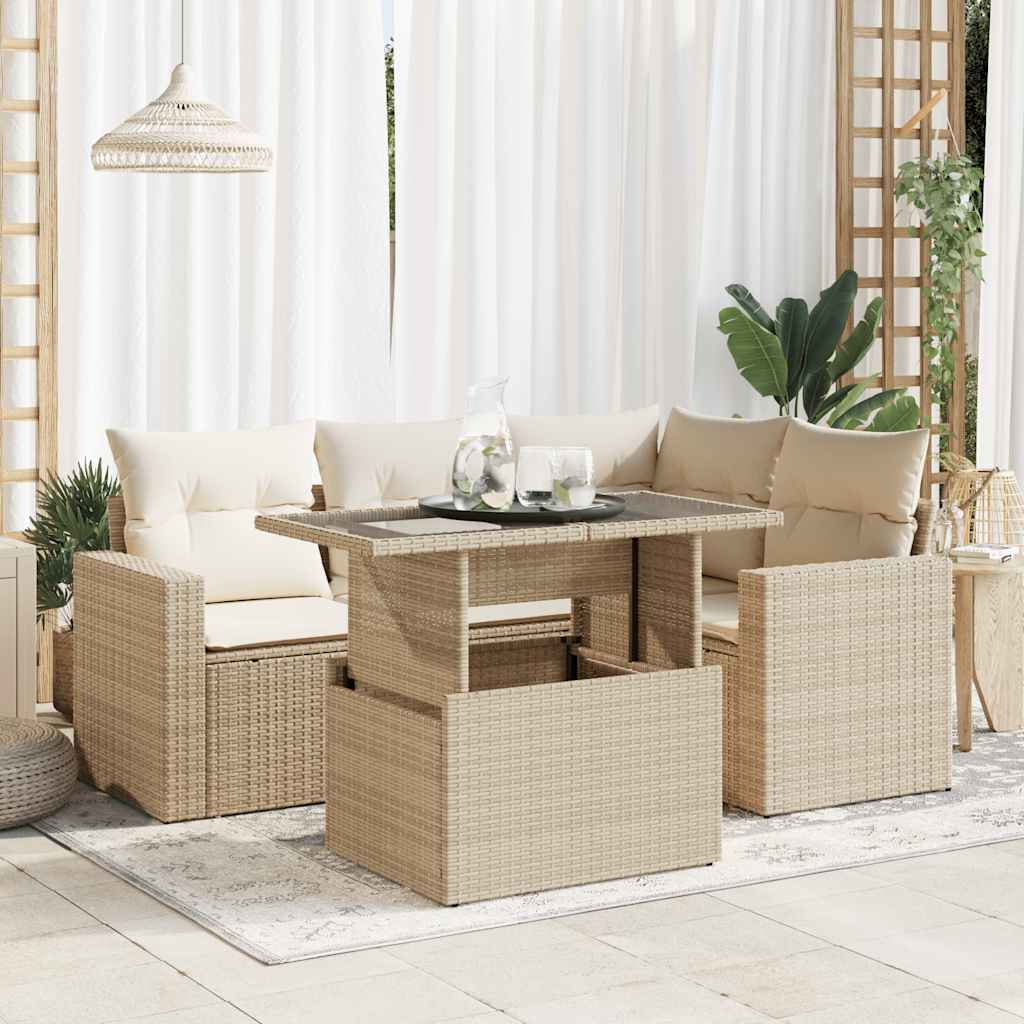 Set Divano da Giardino 5 pz con Cuscini Beige in Polyrattan