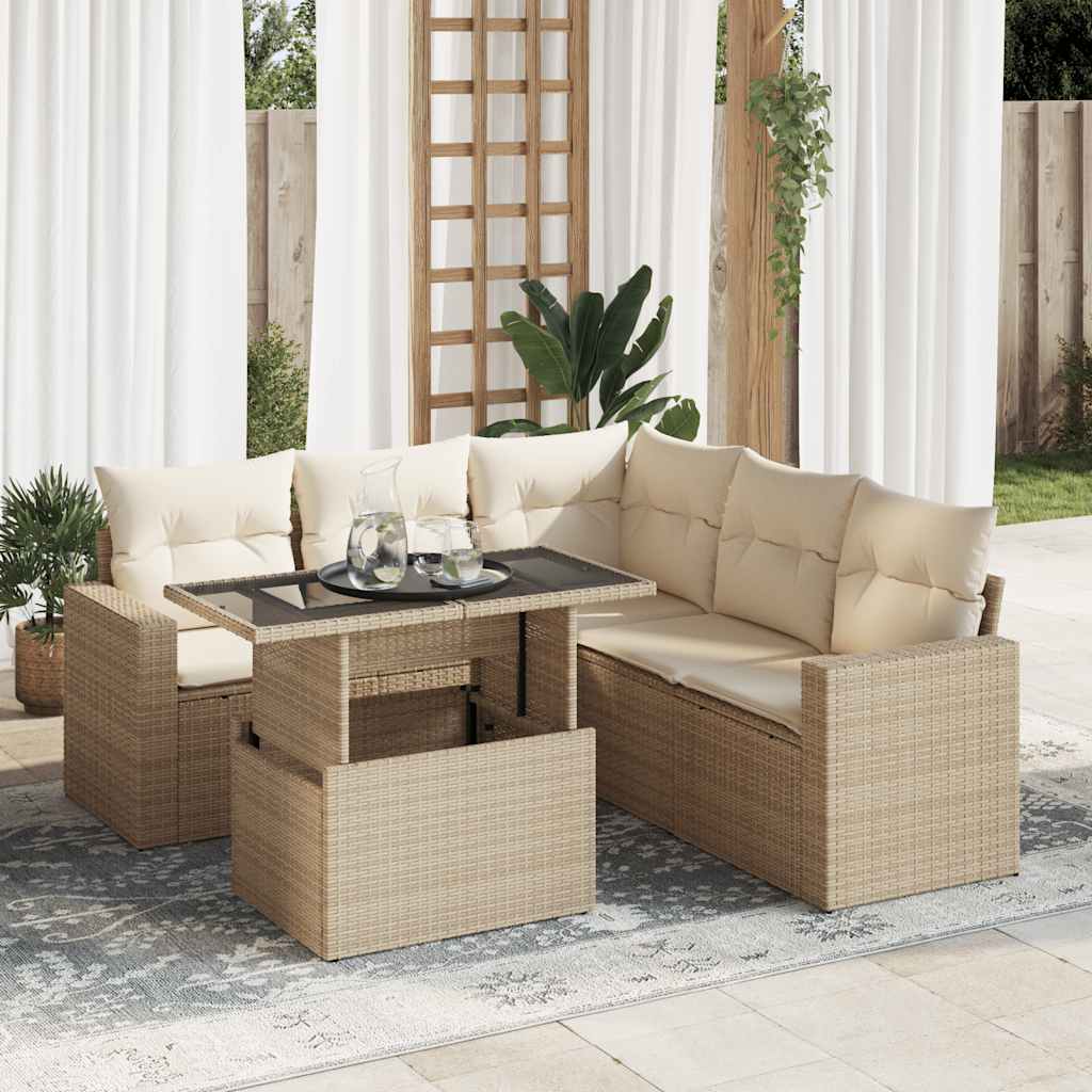 Set Divano da Giardino 6 pz con Cuscini Beige in Polyrattan