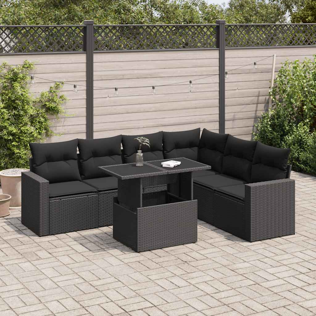 Set Divani da Giardino con Cuscini 7pz Nero Polyrattan