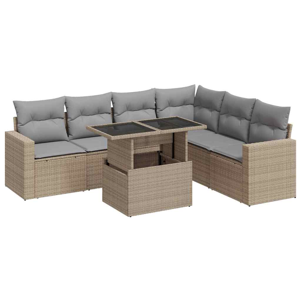 Set Divani da Giardino 7 pz con Cuscini Beige in Polyrattan