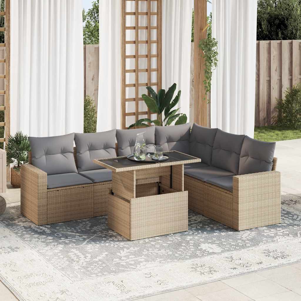 Set Divani da Giardino 7 pz con Cuscini Beige in Polyrattan