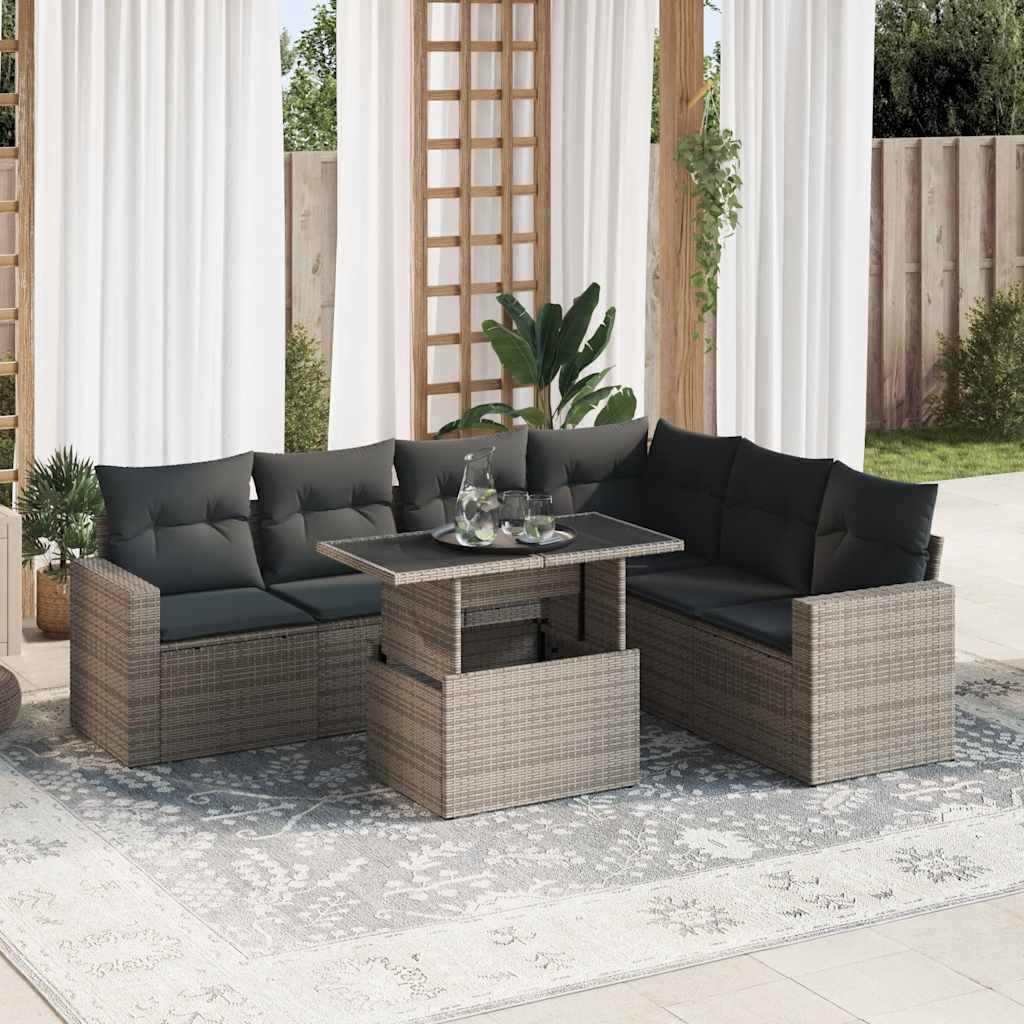 Set Divani da Giardino 7 pz con Cuscini Grigio in Polyrattan