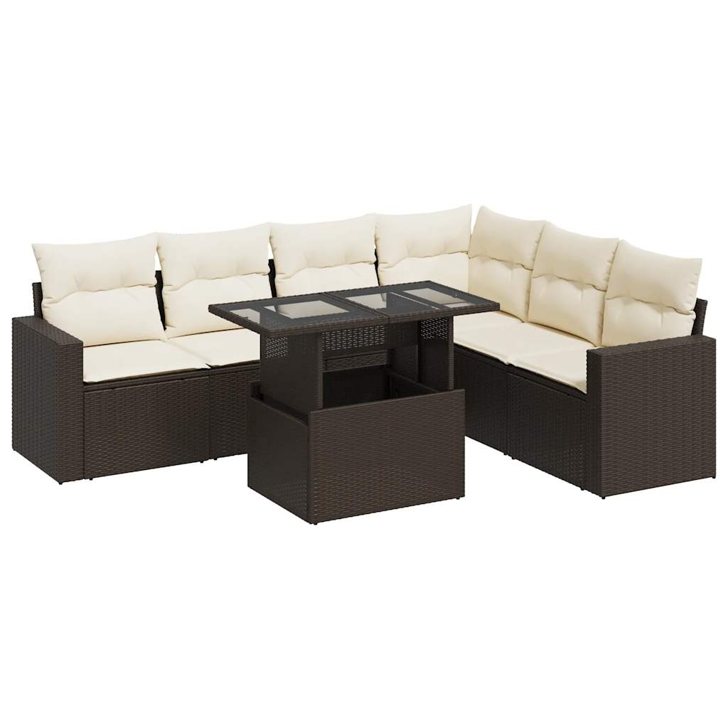 Set Divani da Giardino 7 pz con Cuscini Marrone in Polyrattan