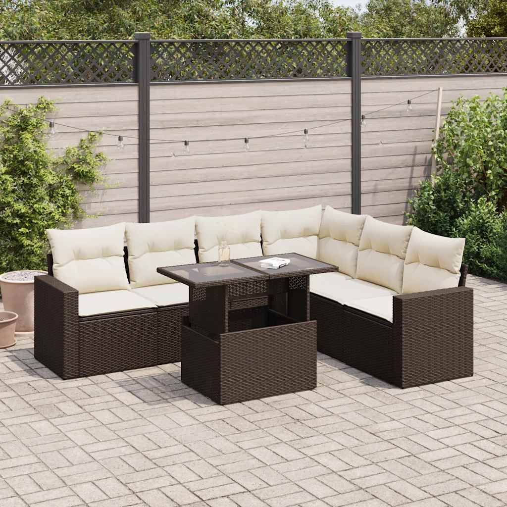 Set Divani da Giardino 7 pz con Cuscini Marrone in Polyrattan