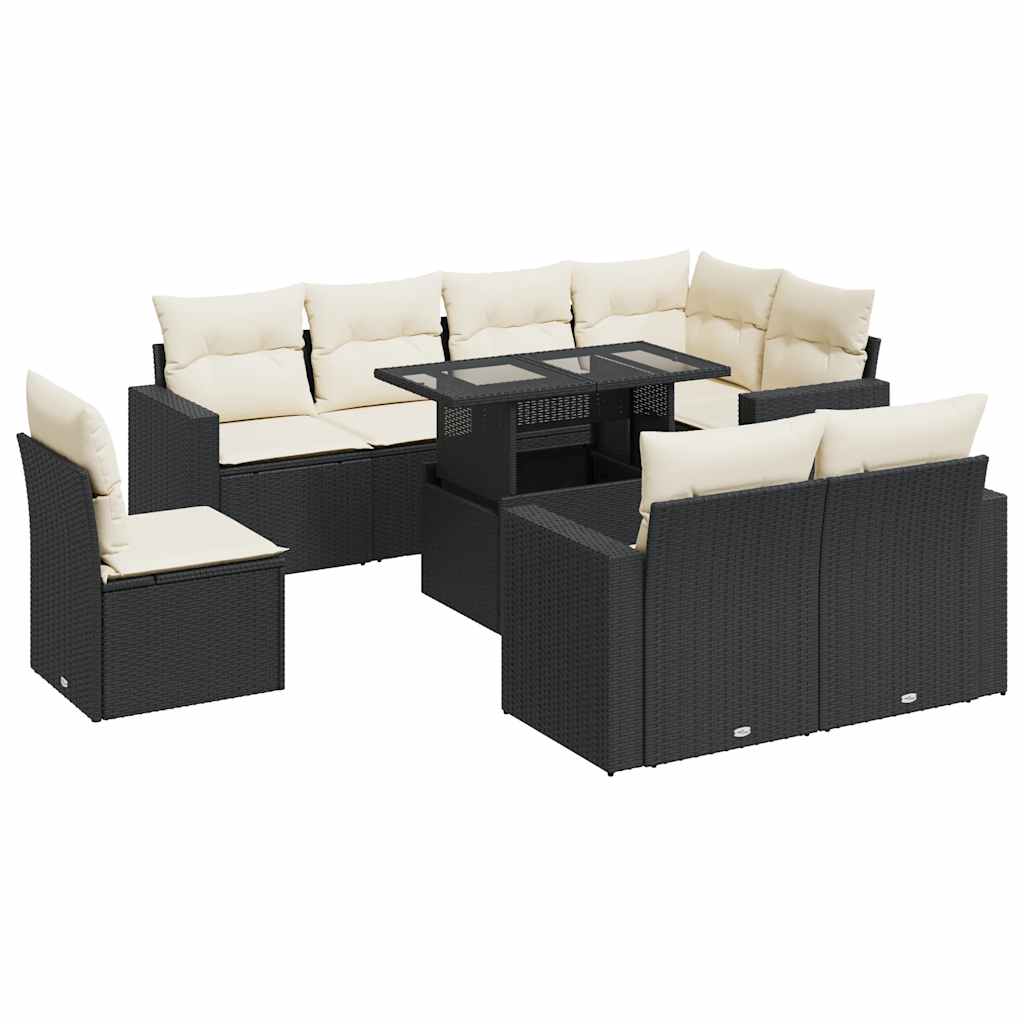 Set Divani da Giardino 9 pz con Cuscini Nero in Polyrattan