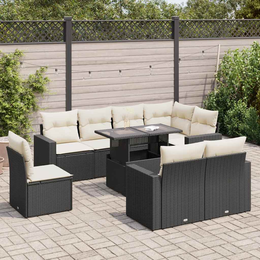 Set Divani da Giardino 9 pz con Cuscini Nero in Polyrattan