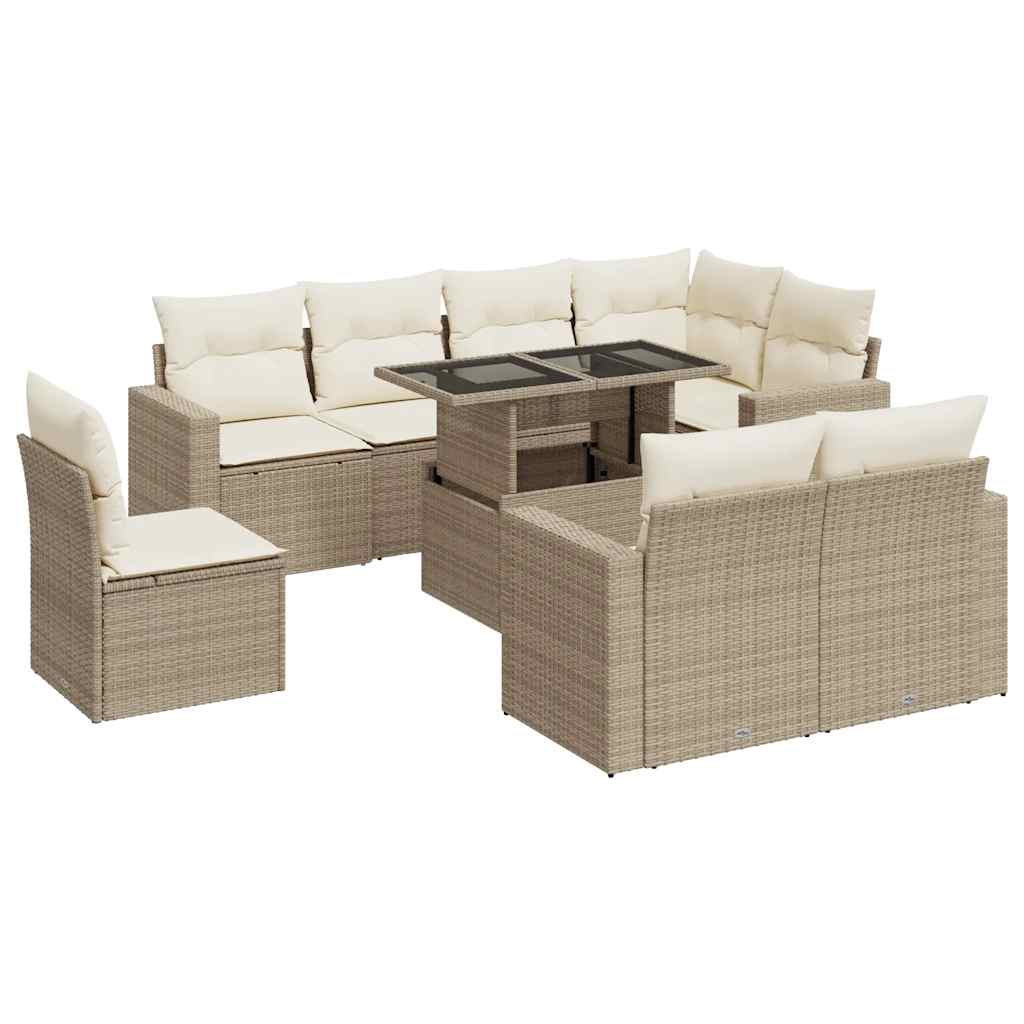 Set Divano da Giardino 9 pz con Cuscini Beige in Polyrattan