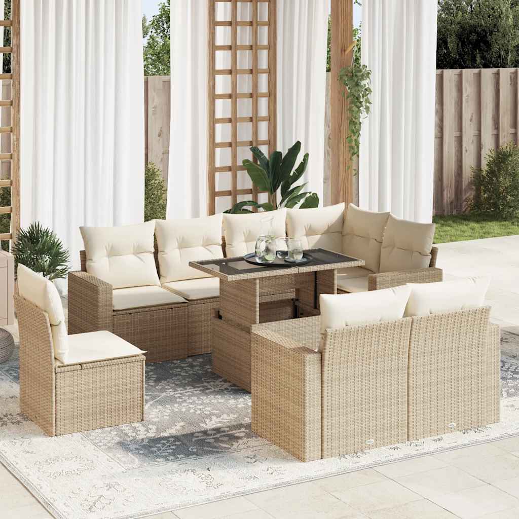 Set Divano da Giardino 9 pz con Cuscini Beige in Polyrattan