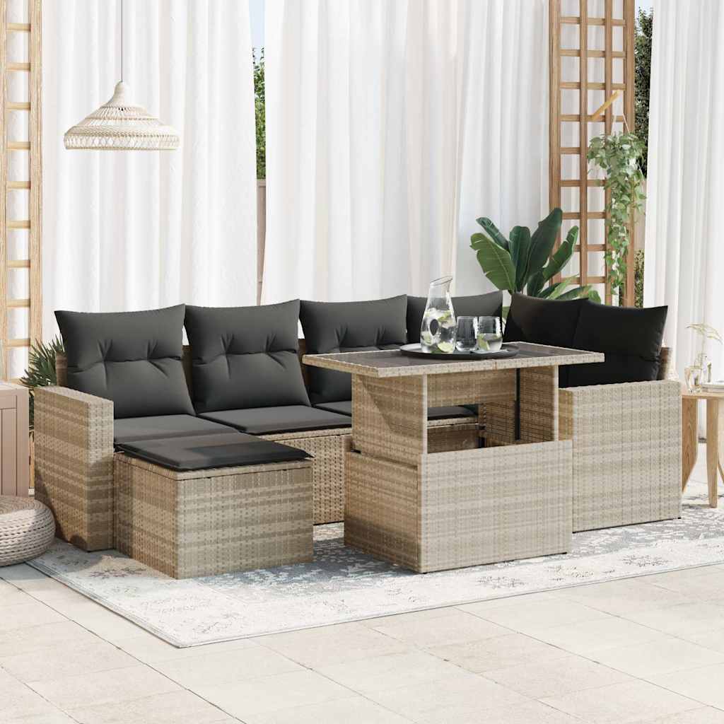 Set Divani da Giardino 7pz con Cuscini Grigio Chiaro Polyrattan