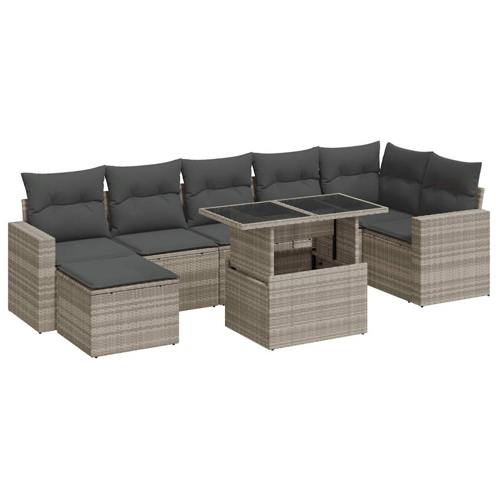 Set Divano da Giardino 8pz con Cuscini Grigio Chiaro Polyrattan