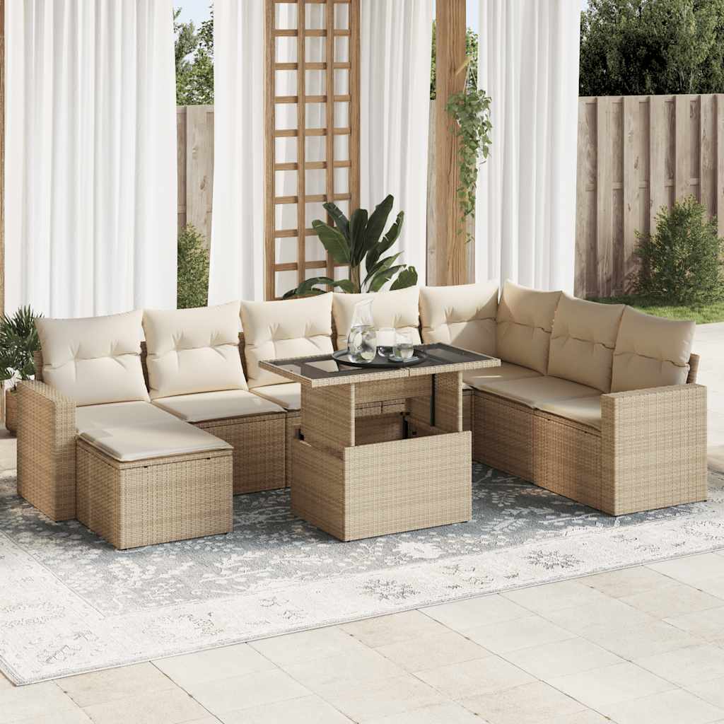 Set Divano da Giardino 9 pz con Cuscini Beige in Polyrattan