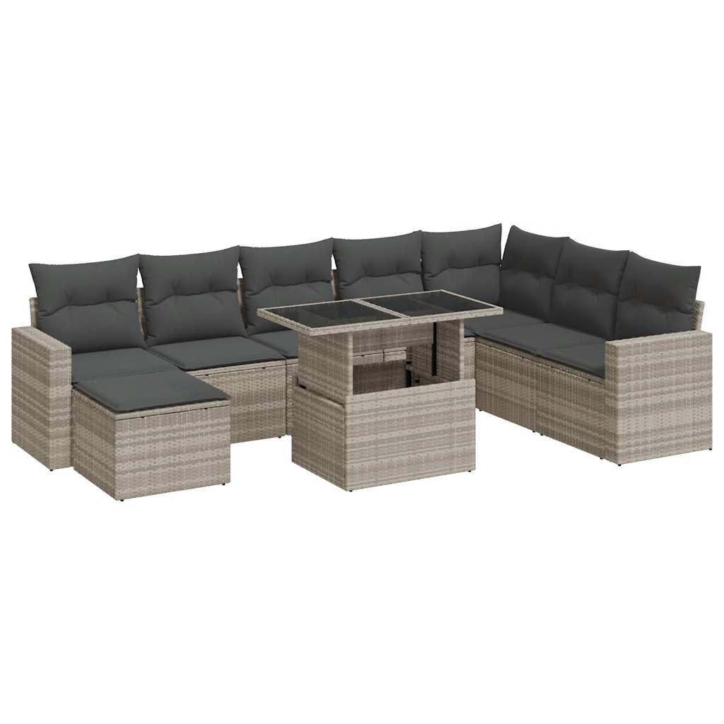 Set Divano da Giardino 9pz con Cuscini Grigio Chiaro Polyrattan