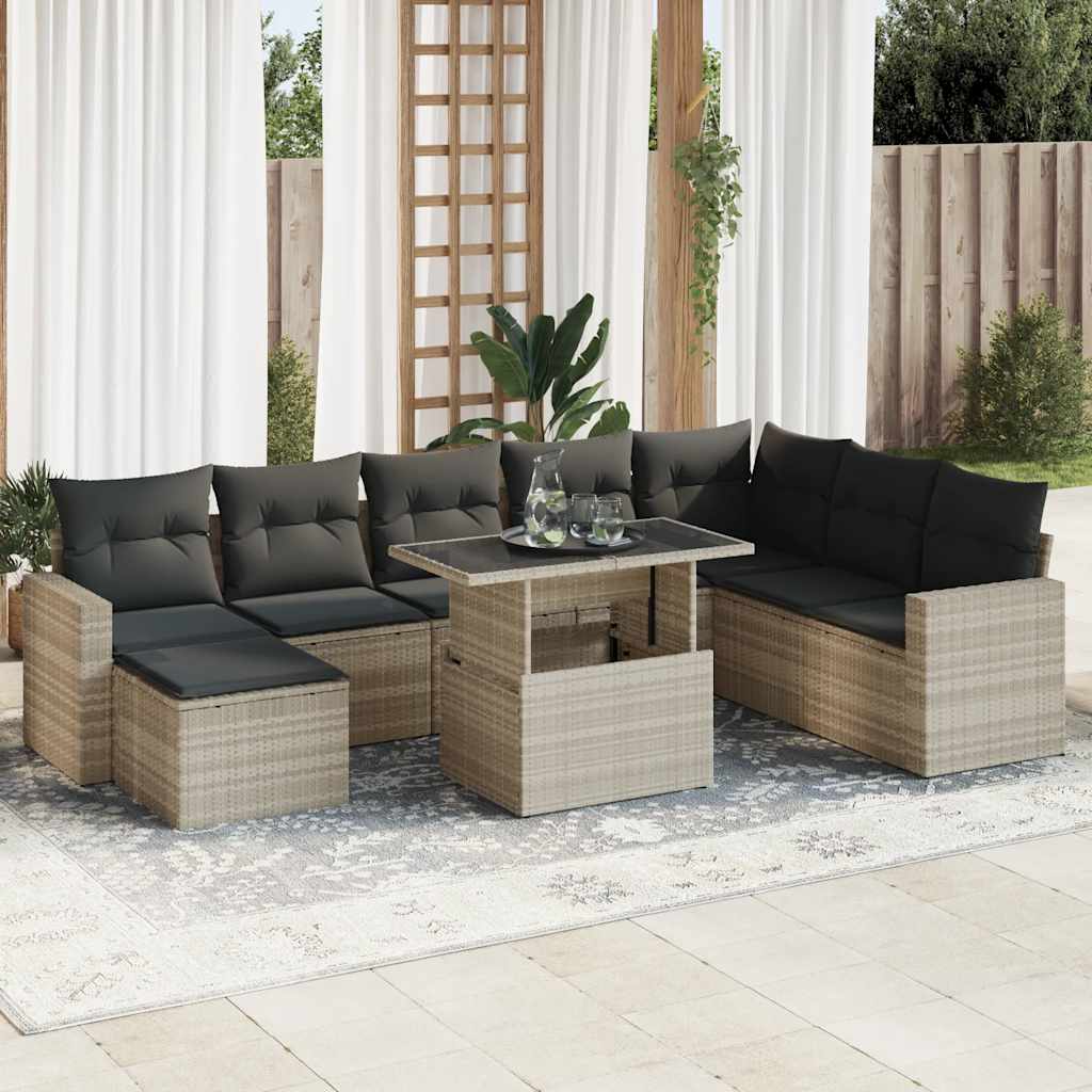 Set Divano da Giardino 9pz con Cuscini Grigio Chiaro Polyrattan