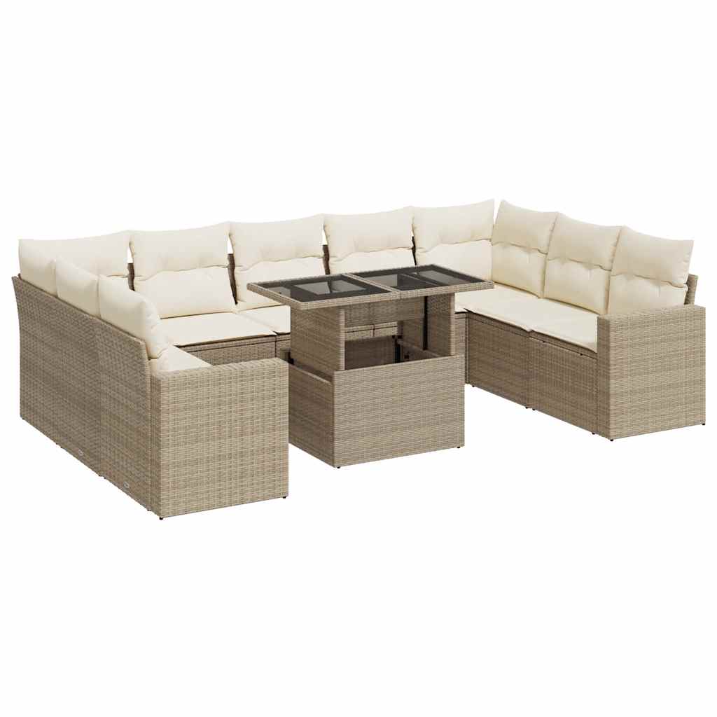 Set Divano da Giardino 10 pz con Cuscini Beige in Polyrattan