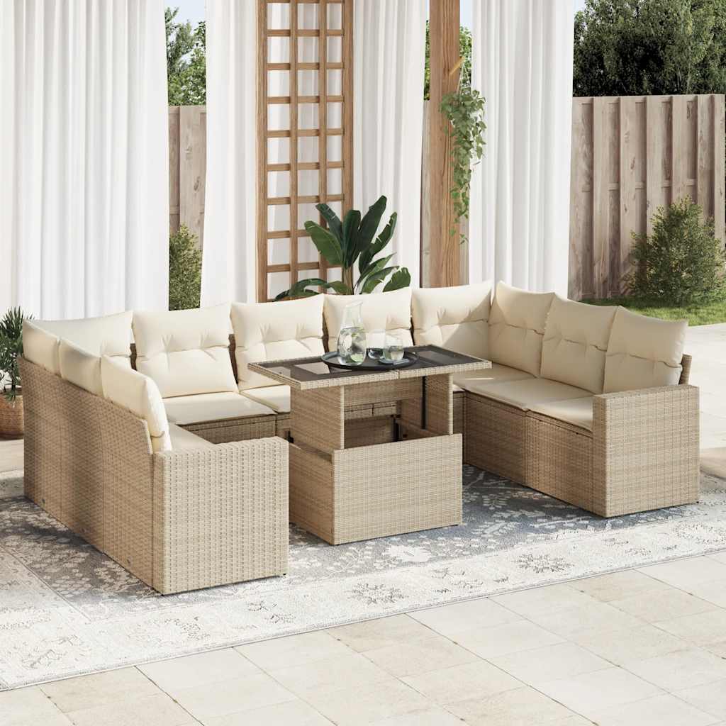 Set Divano da Giardino 10 pz con Cuscini Beige in Polyrattan