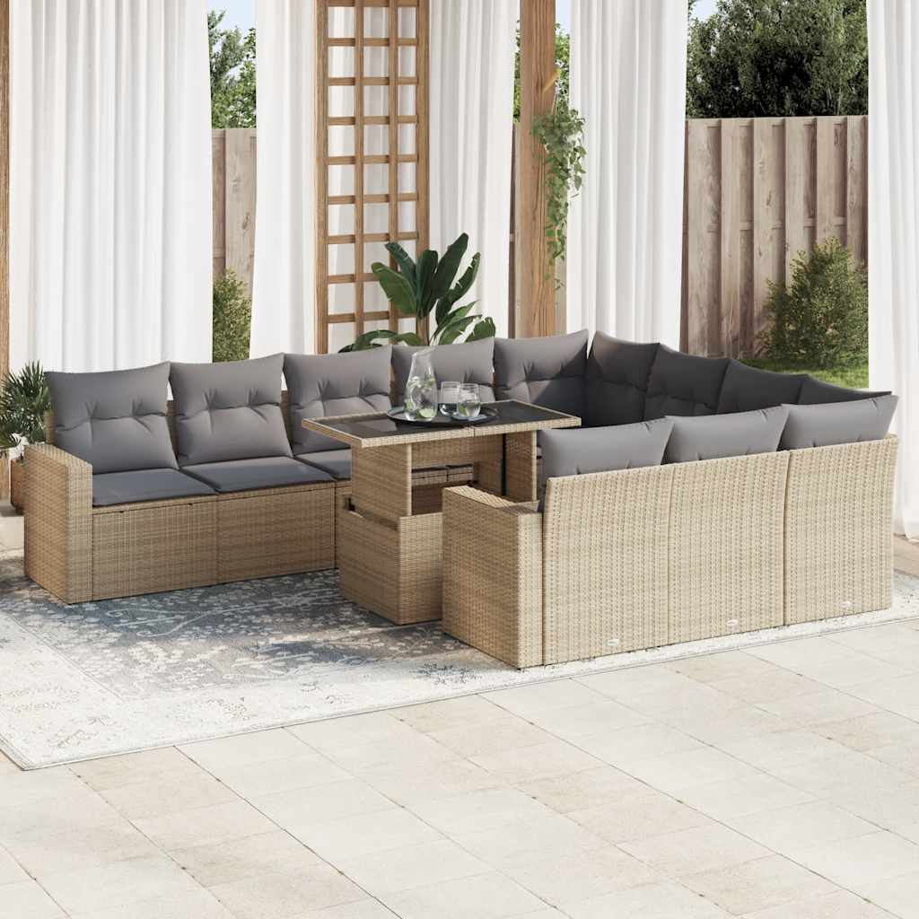 Set Divani da Giardino 11 pz con Cuscini Beige in Polyrattan