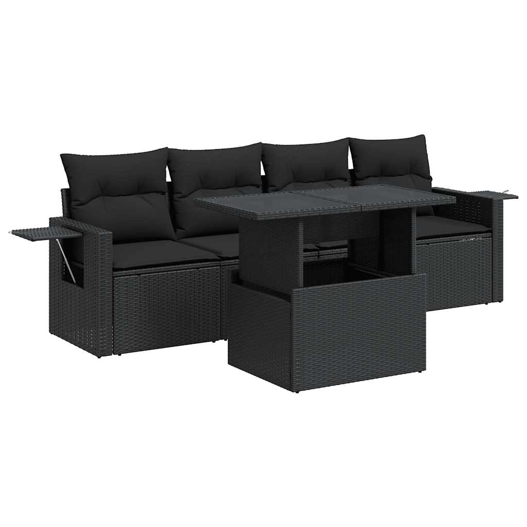 Set Divani da Giardino 5 pz con Cuscini in Polyrattan Nero