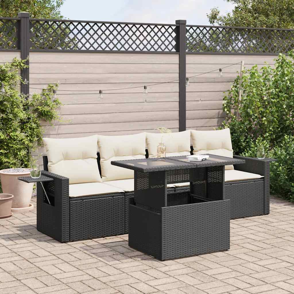 Set Divani da Giardino 5 pz con Cuscini in Polyrattan Nero