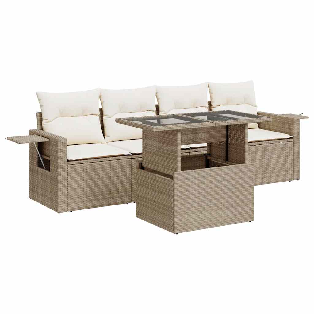 Set Divano da Giardino 5 pz con Cuscini Beige in Polyrattan