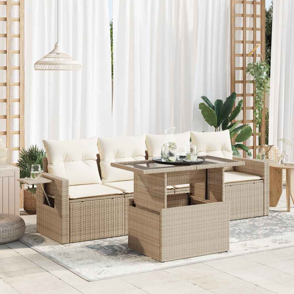 Set Divano da Giardino 5 pz con Cuscini Beige in Polyrattan