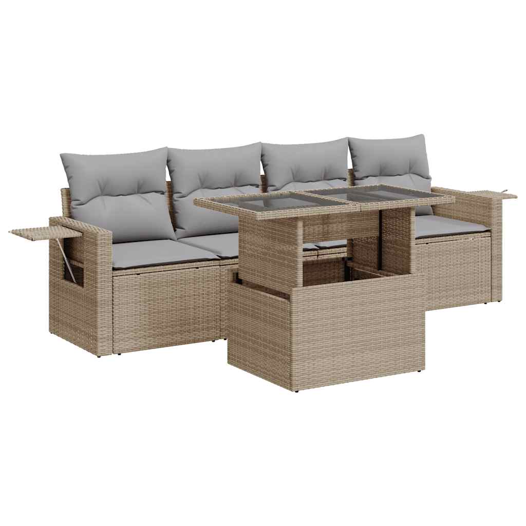 Set Divano da Giardino 5 pz con Cuscini Beige in Polyrattan