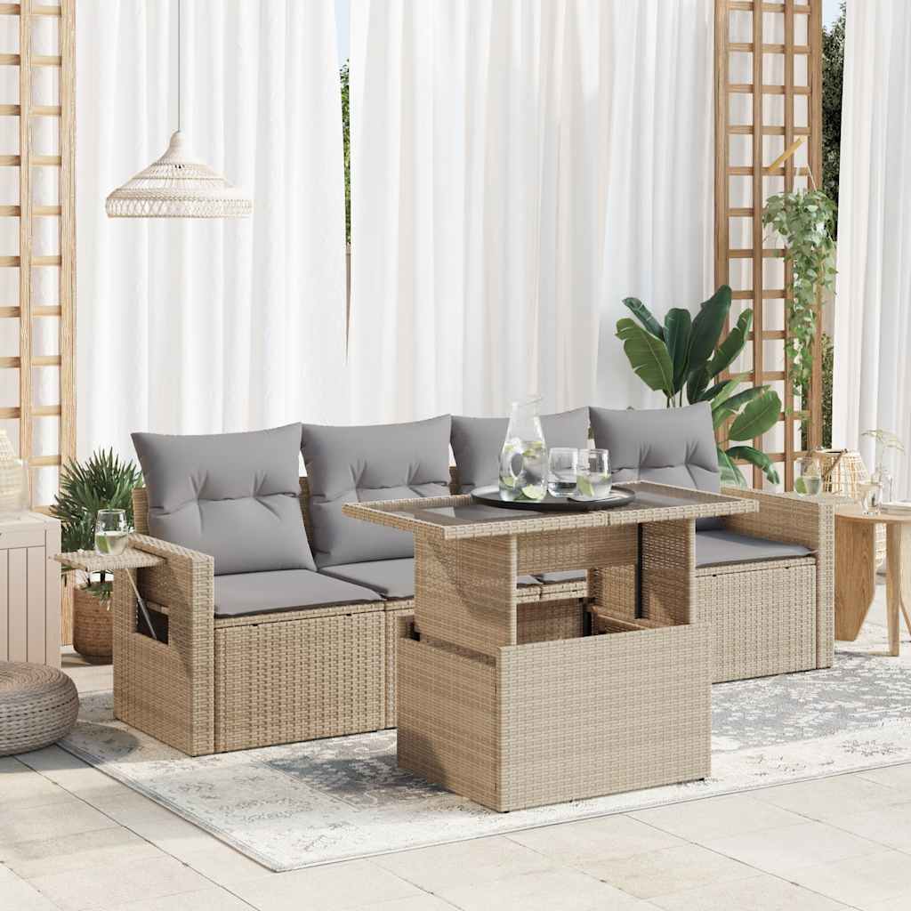 Set Divano da Giardino 5 pz con Cuscini Beige in Polyrattan