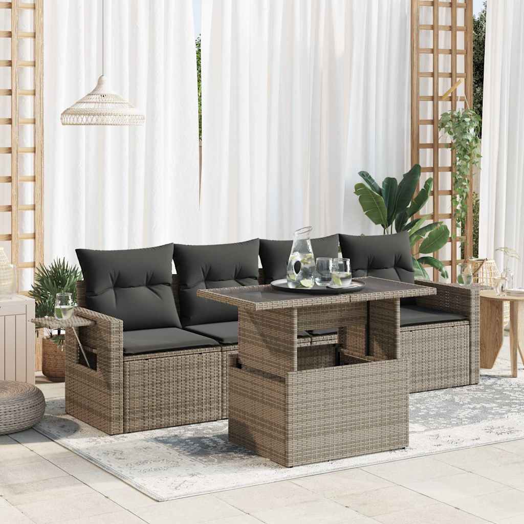 Set Divano da Giardino 5 pz con Cuscini Grigio in Polyrattan