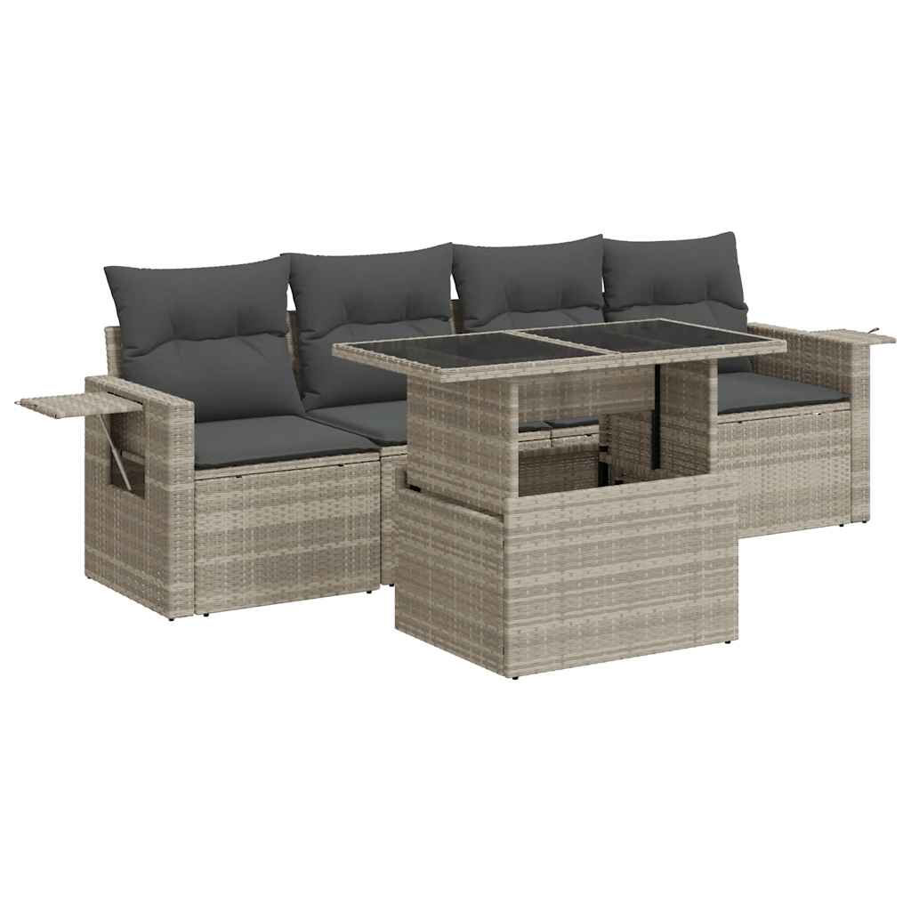 Set Divano da Giardino 5pz con Cuscini Grigio Chiaro Polyrattan