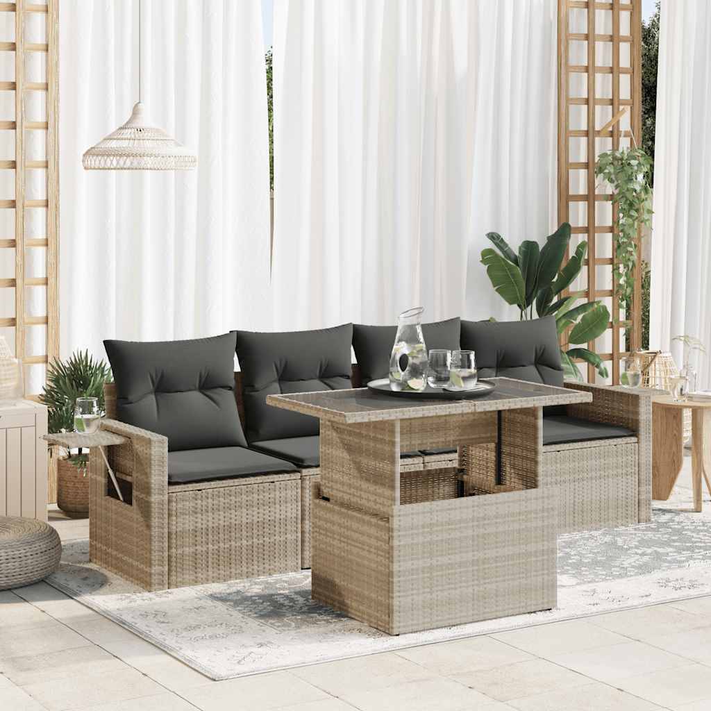 Set Divano da Giardino 5pz con Cuscini Grigio Chiaro Polyrattan